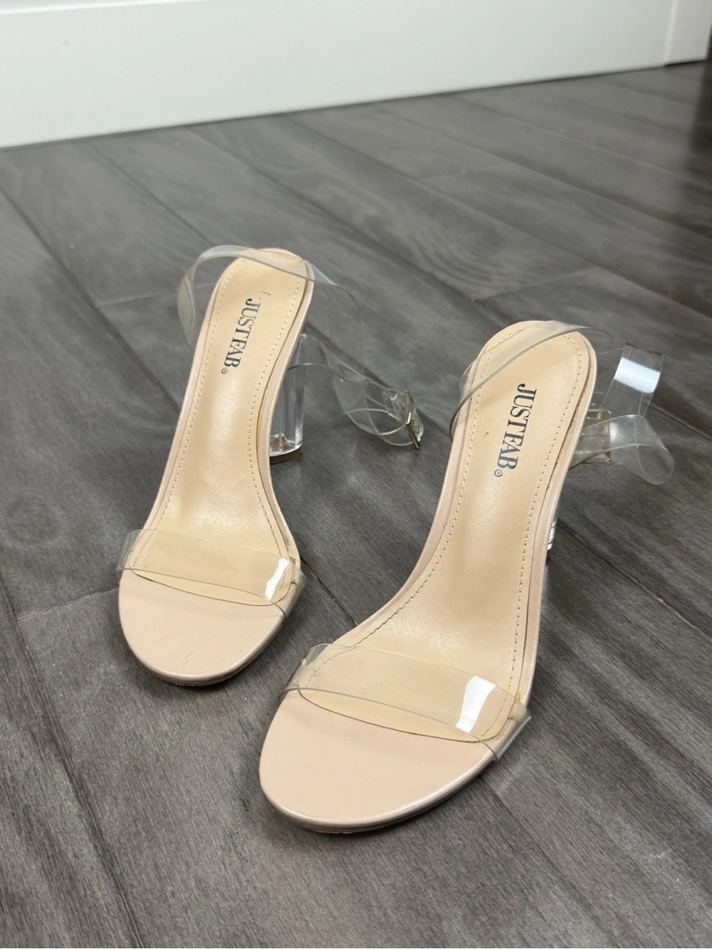JustFab Beige Clear Strap Block Heels